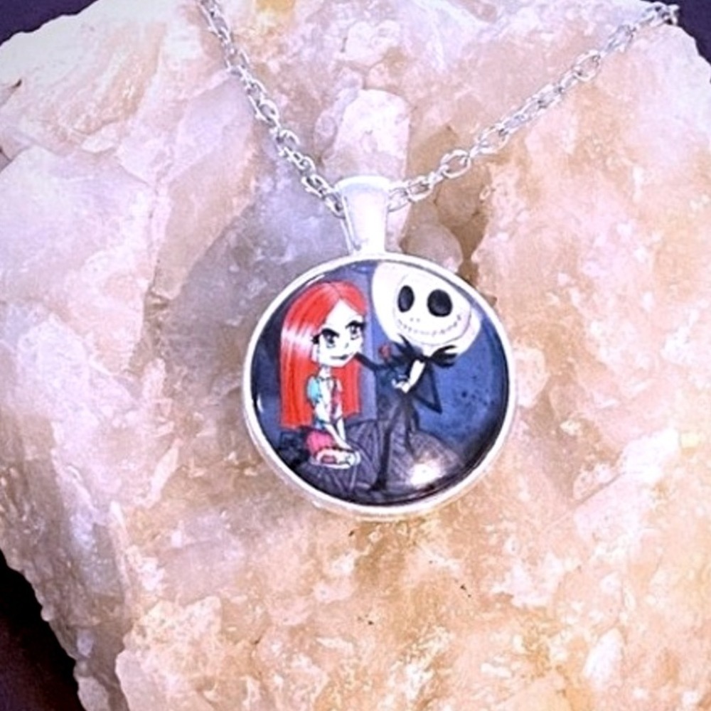 Nightmare Before Christmas Jack And Sally Pendant Necklace-Gift-Silver Chain-New